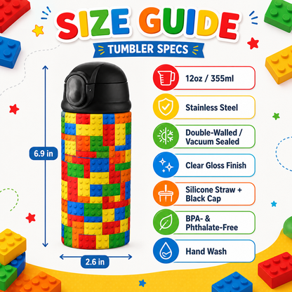 Personalized Building Block 12oz Tumbler | Custom Name Kids Water Bottle for School