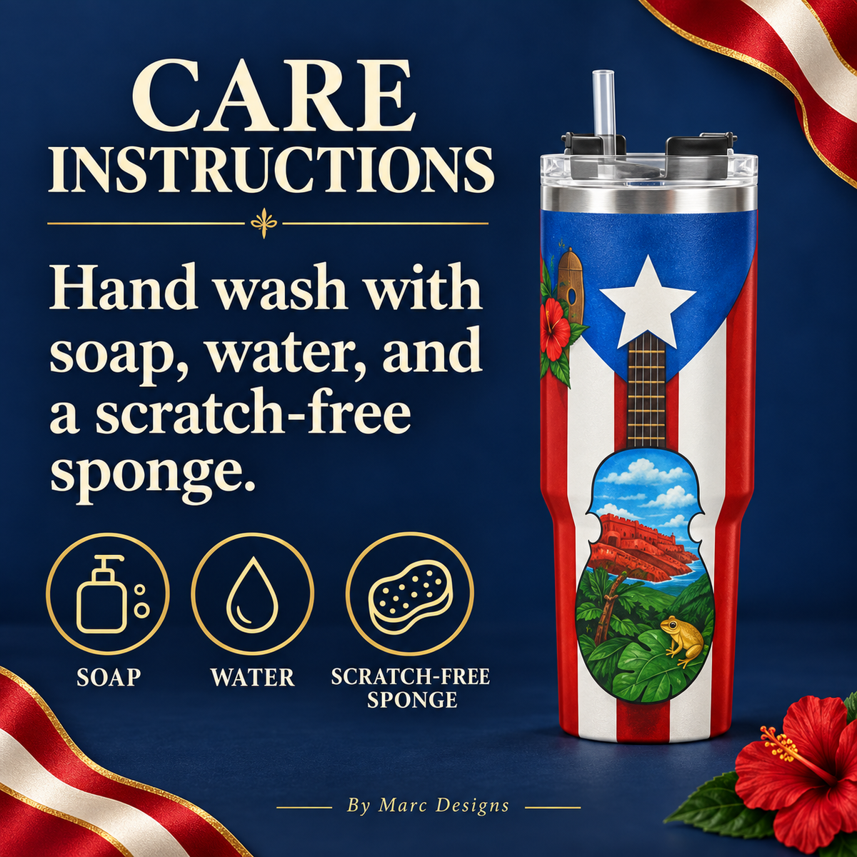 Puerto Rico 40 oz Stainless Steel Tumbler, Cuatro & Coquí Design, Insulated Cup with Handle