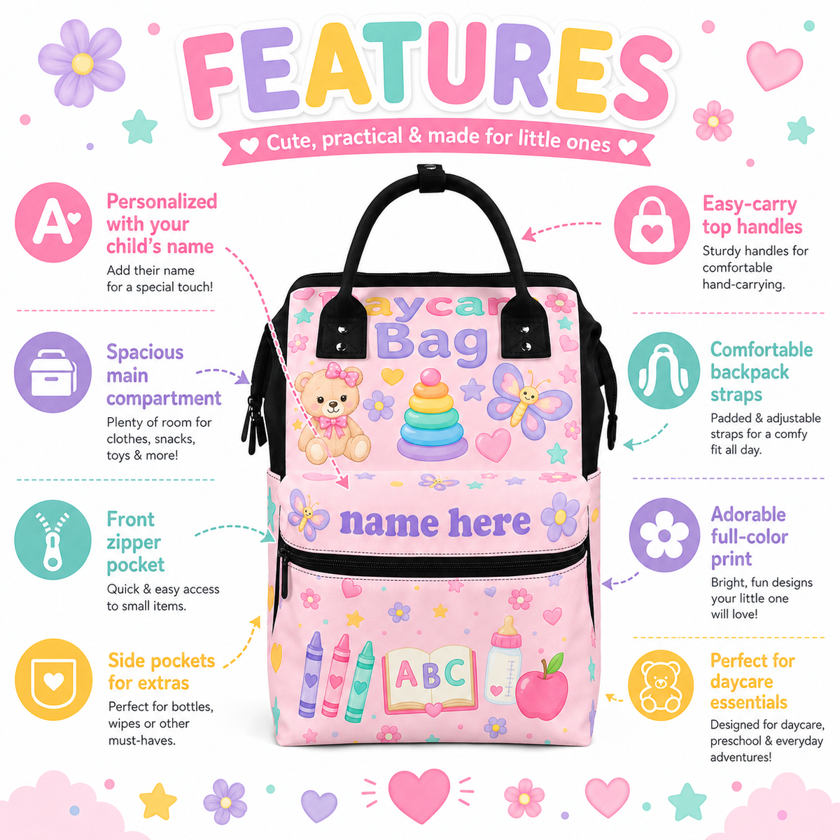 Personalized Daycare Bag for Girls | Cute Toddler Backpack with Name