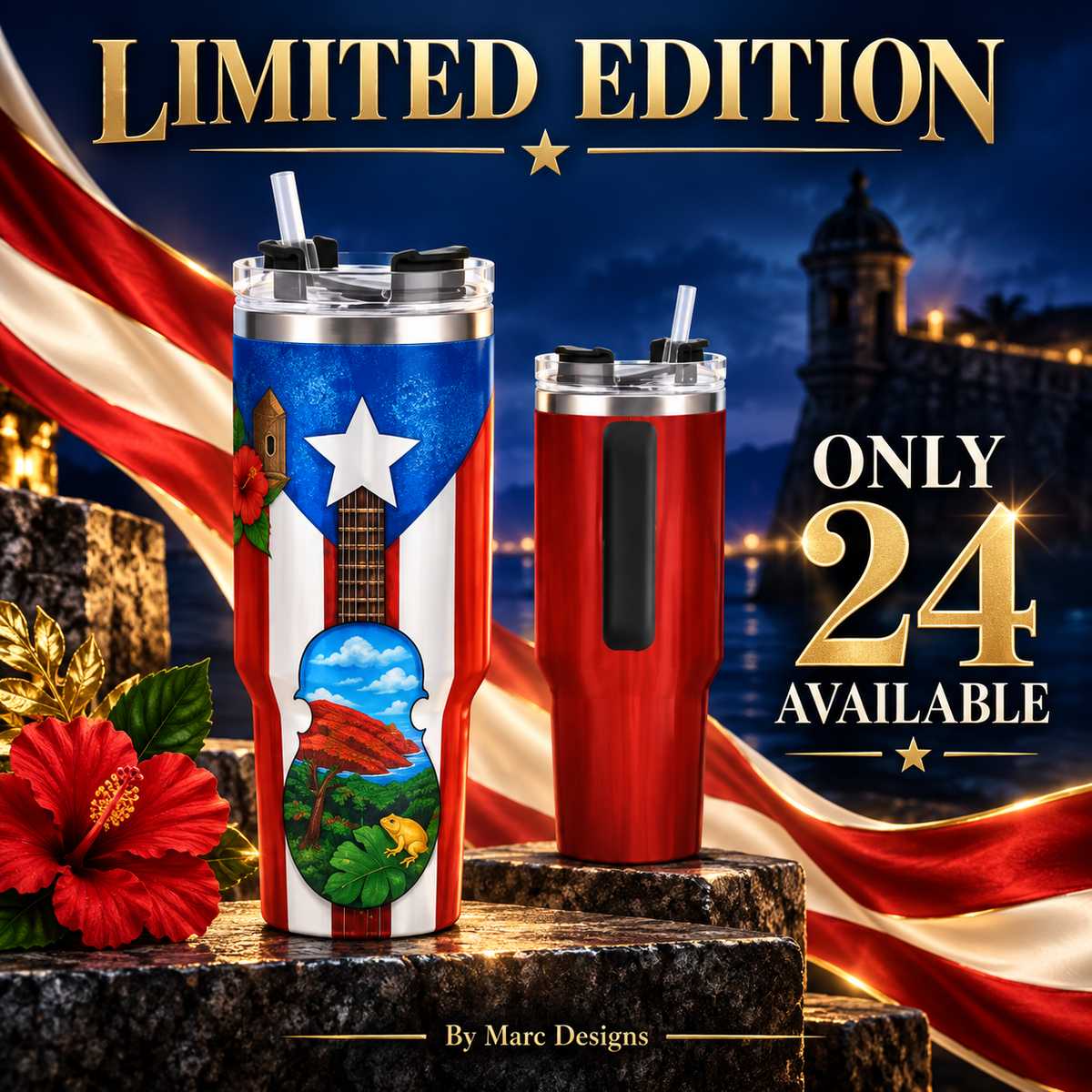 Puerto Rico 40 oz Stainless Steel Tumbler, Cuatro & Coquí Design, Insulated Cup with Handle