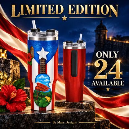 Puerto Rico 40 oz Stainless Steel Tumbler, Cuatro & Coquí Design, Insulated Cup with Handle