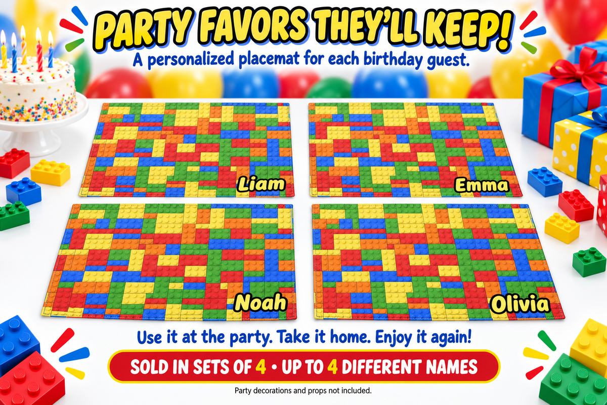 Personalized Building Block Placemats Set of 4, Up to 4 Different Names, Colorful Kids Table Mats, 18 x 12 Inch