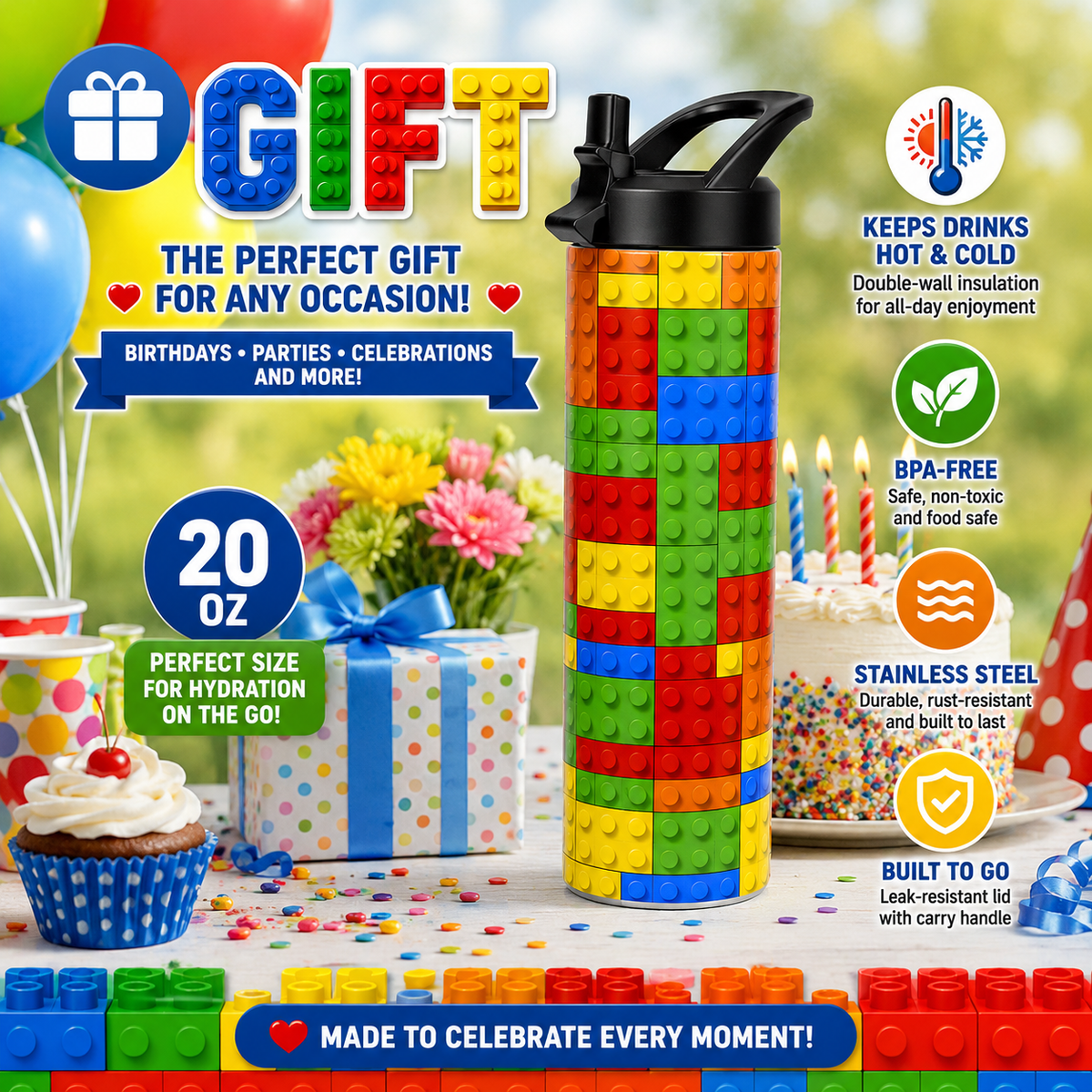 Personalized Building Block Tumbler | 20oz Stainless Steel Kids Water Bottle | Custom Name Gift for Boys & Girls