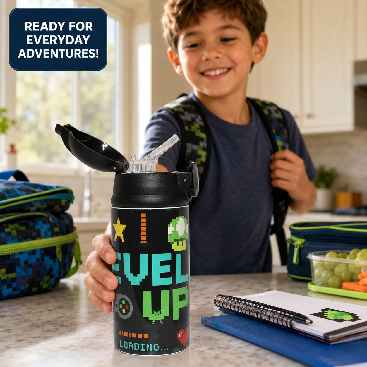 Personalized Gamer 12oz Water Bottle | Level Up Custom Name Tumbler for Kids