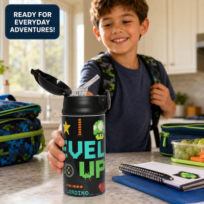 Personalized Gamer 12oz Water Bottle | Level Up Custom Name Tumbler for Kids