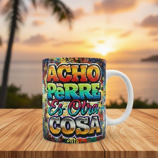 Colorful mug with Spanish text on a white background