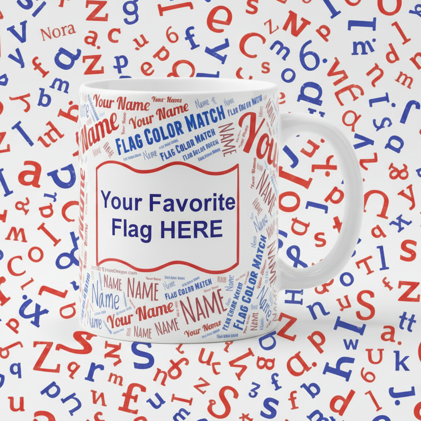 Personalized Name Coffee Mug 11oz - Custom Typography Design with your country flag