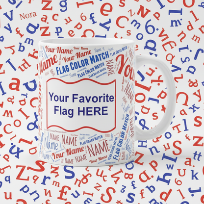 Personalized Name Coffee Mug 11oz - Custom Typography Design with your country flag