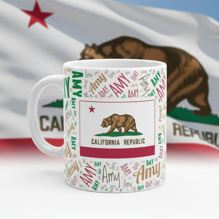 Textural background with 'Amy' in various colors and a bear graphic in a red box labeled 'California Republic'.