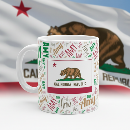 Textural background with 'Amy' in various colors and a bear graphic in a red box labeled 'California Republic'.