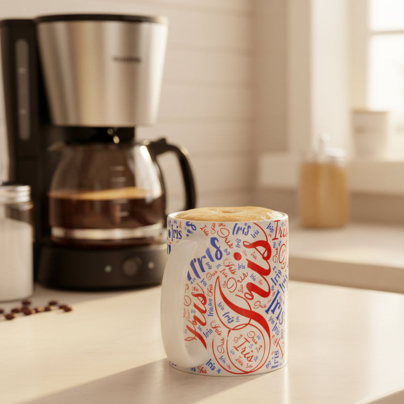 Personalized Name Coffee Mug 11oz - Custom Typography Design with your country flag