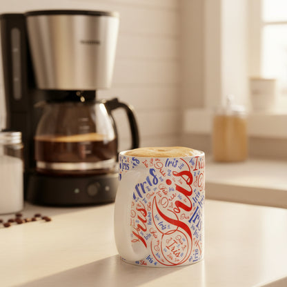 Personalized Name Coffee Mug 11oz - Custom Typography Design with your country flag