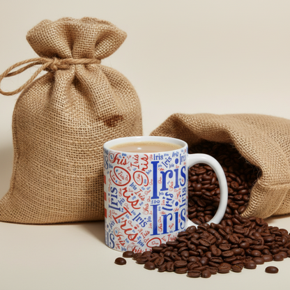 Personalized Name Coffee Mug 11oz - Custom Typography Design with your country flag