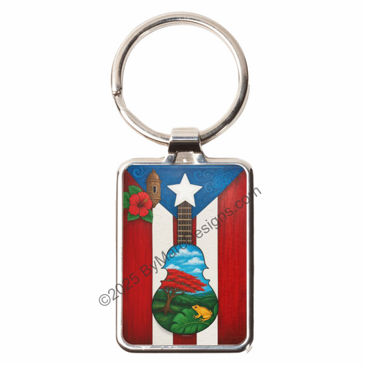 Puerto Rico Flag Keychain - Coquí, Garita & Cuatro Guitar Design