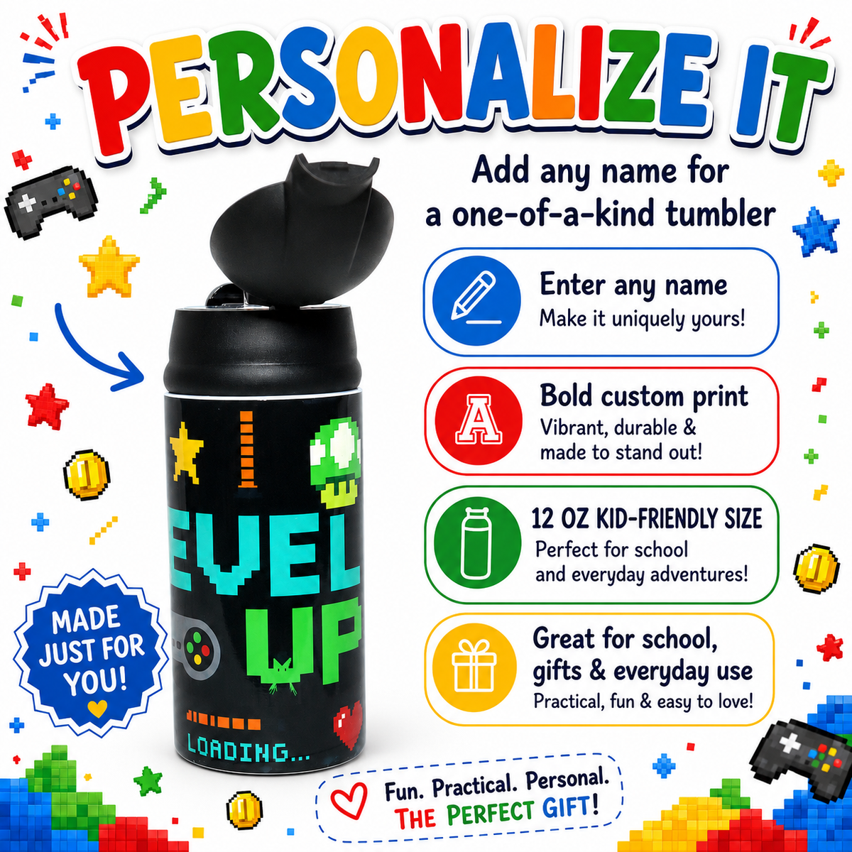 Personalized Gamer 12oz Water Bottle | Level Up Custom Name Tumbler for Kids