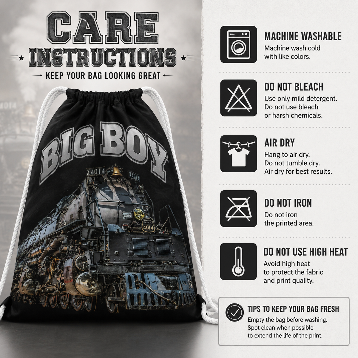 Big Boy 4014 Drawstring Bag | Train Gym Bag & Railroad Fan Gift