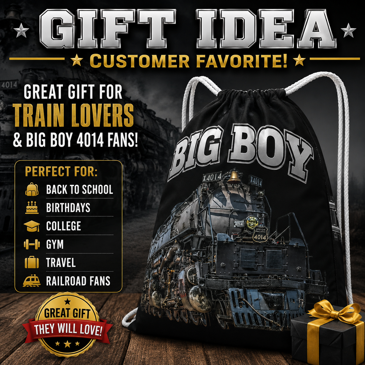 Big Boy 4014 Drawstring Bag | Train Gym Bag & Railroad Fan Gift