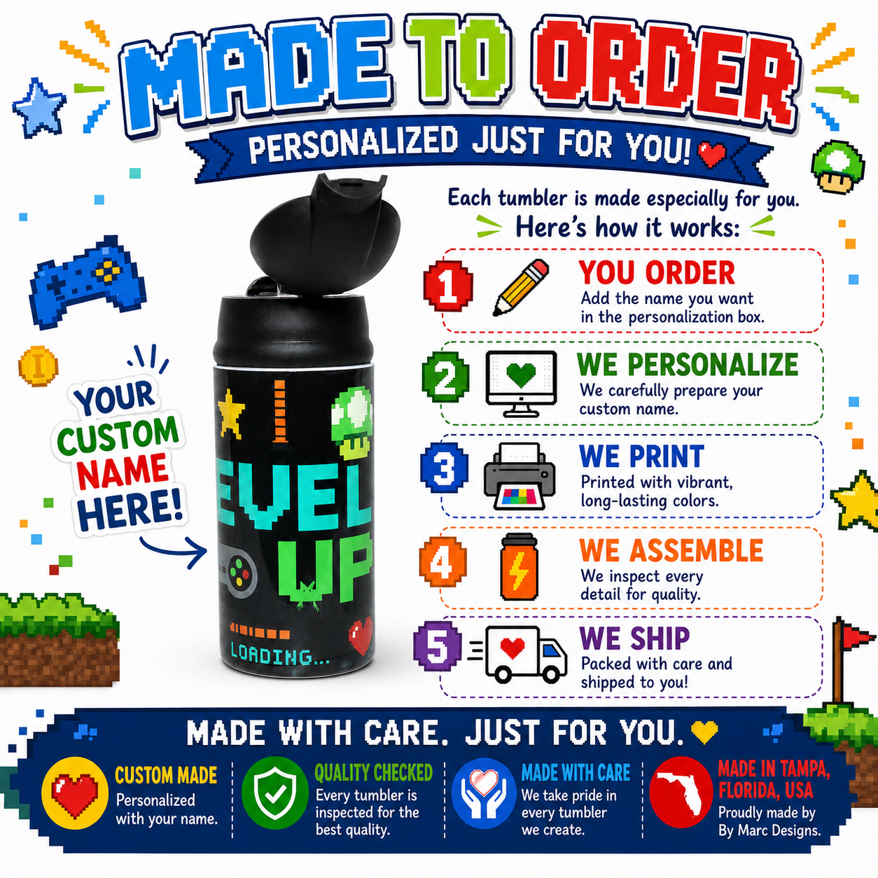 Personalized Gamer 12oz Water Bottle | Level Up Custom Name Tumbler for Kids