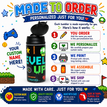 Personalized Gamer 12oz Water Bottle | Level Up Custom Name Tumbler for Kids