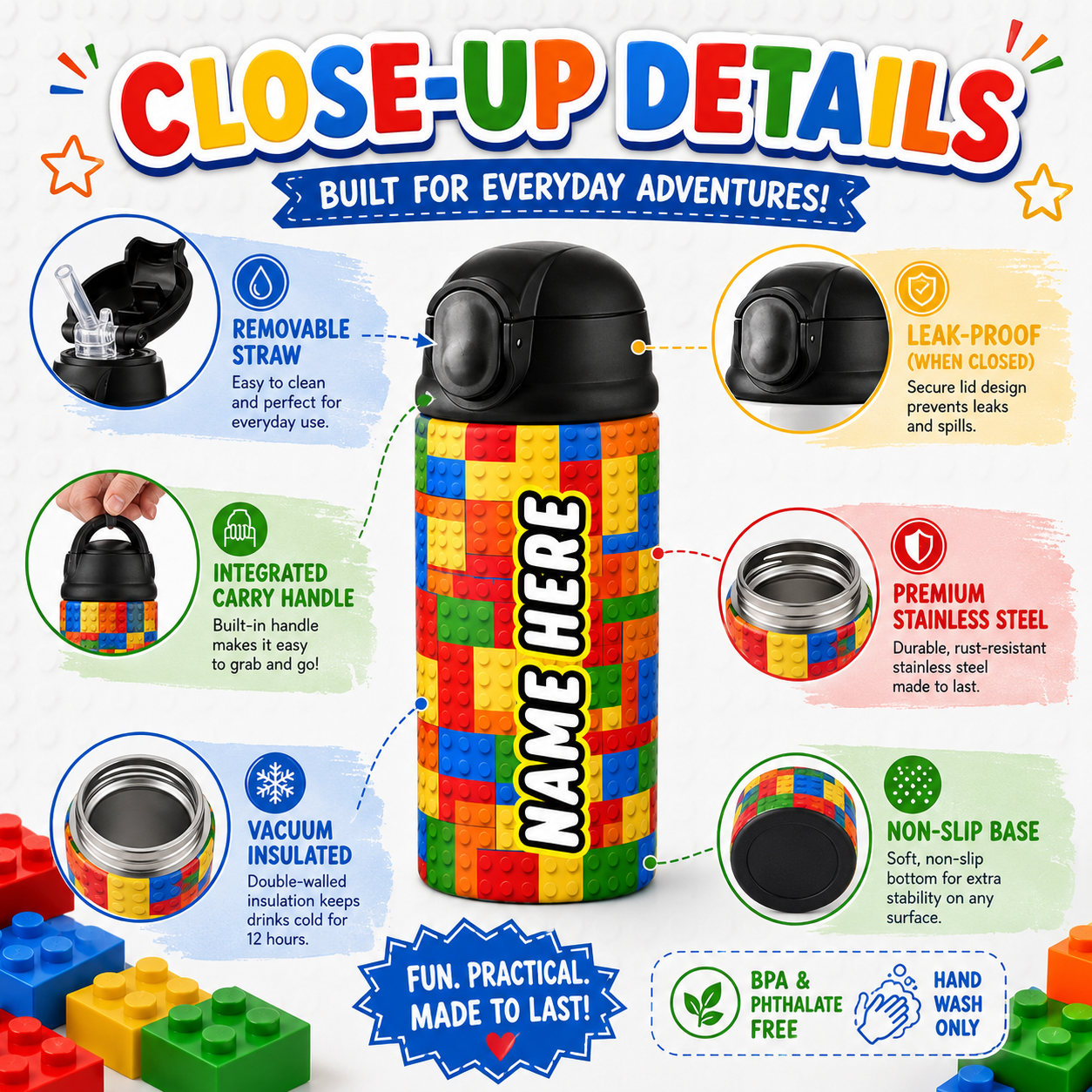 Personalized Building Block 12oz Tumbler | Custom Name Kids Water Bottle for School