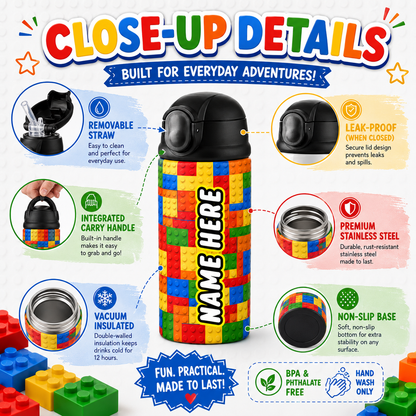 Personalized Building Block 12oz Tumbler | Custom Name Kids Water Bottle for School