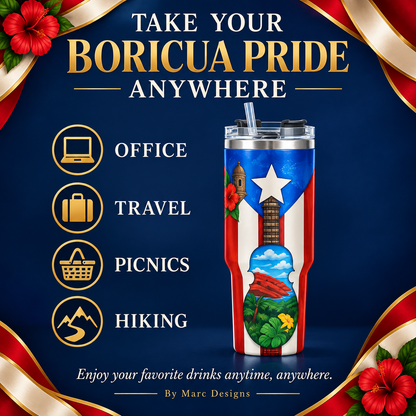 Puerto Rico 40 oz Stainless Steel Tumbler, Cuatro & Coquí Design, Insulated Cup with Handle