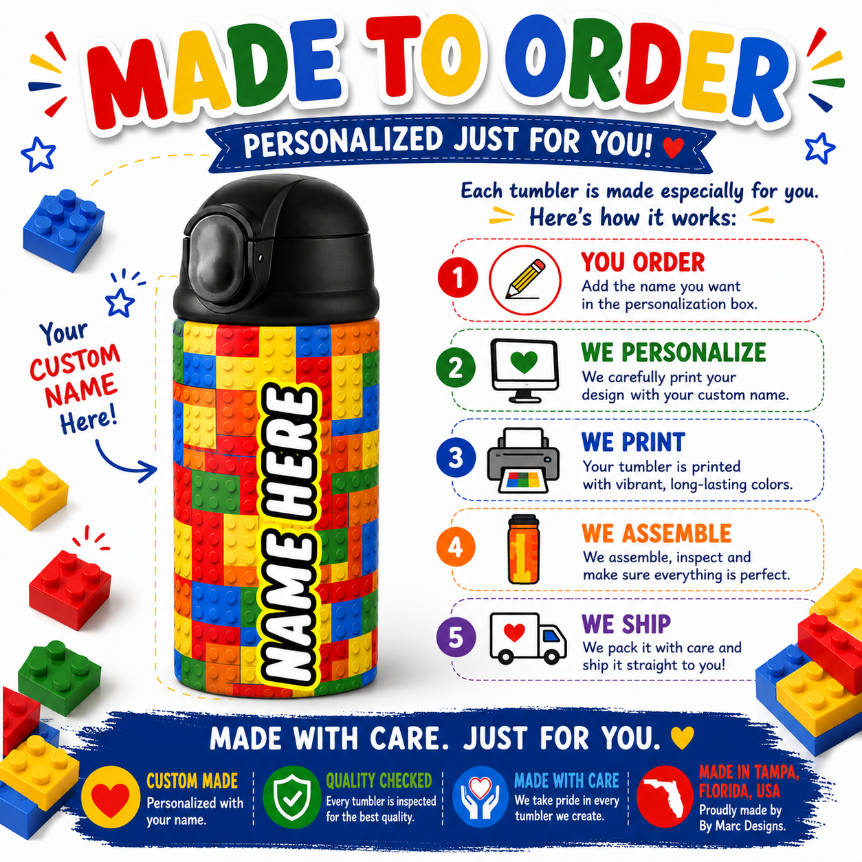 Personalized Building Block 12oz Tumbler | Custom Name Kids Water Bottle for School