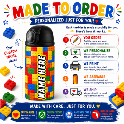 Personalized Building Block 12oz Tumbler | Custom Name Kids Water Bottle for School