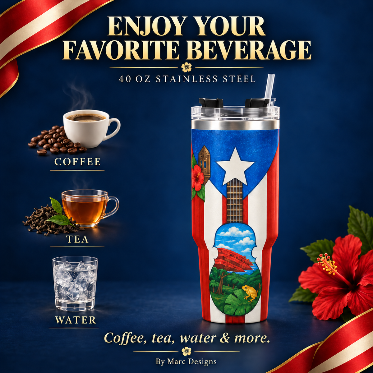 Puerto Rico 40 oz Stainless Steel Tumbler, Cuatro & Coquí Design, Insulated Cup with Handle
