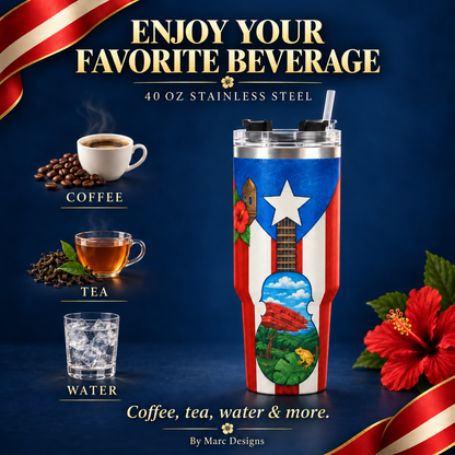 Puerto Rico 40 oz Stainless Steel Tumbler, Cuatro & Coquí Design, Insulated Cup with Handle
