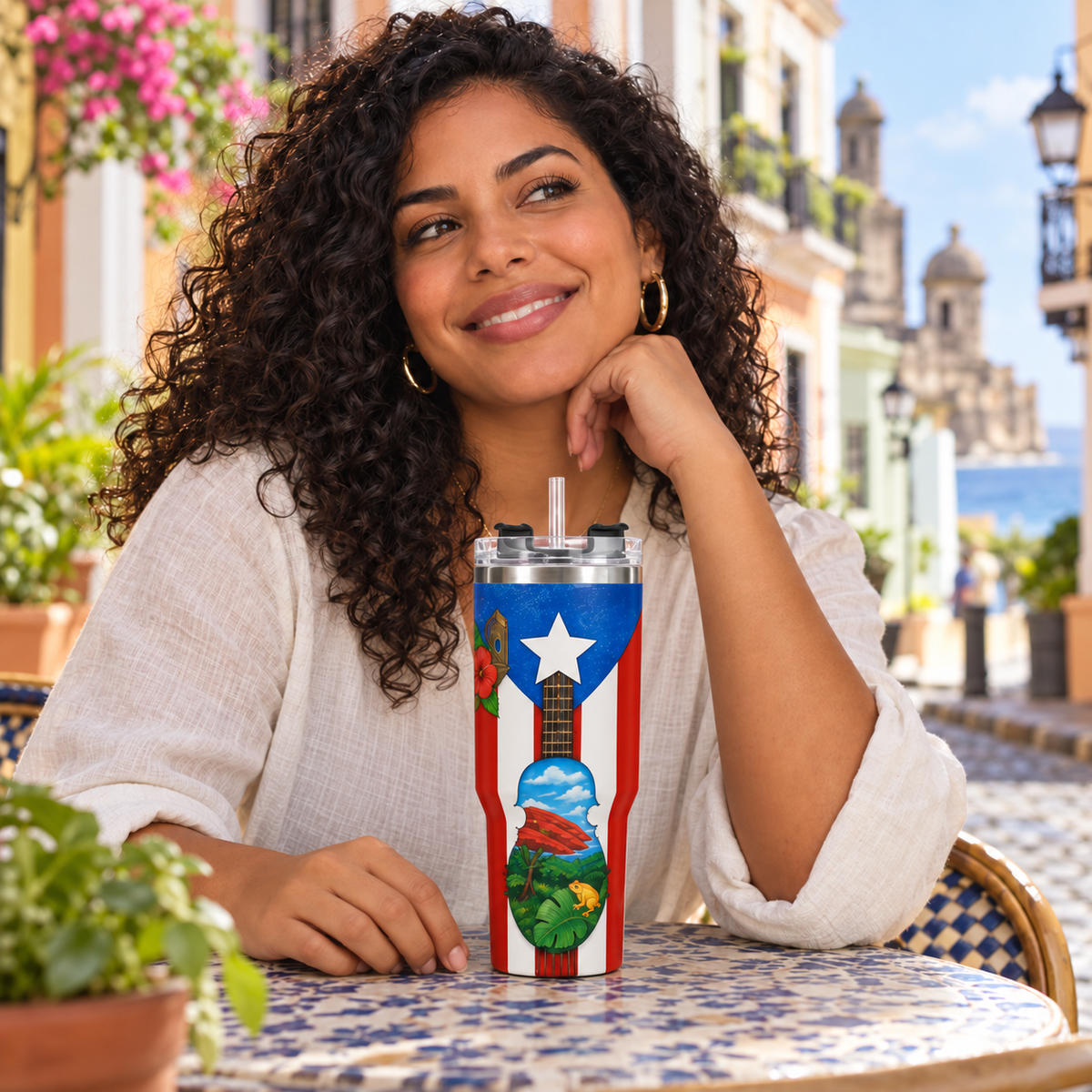 Puerto Rico 40 oz Stainless Steel Tumbler, Cuatro & Coquí Design, Insulated Cup with Handle