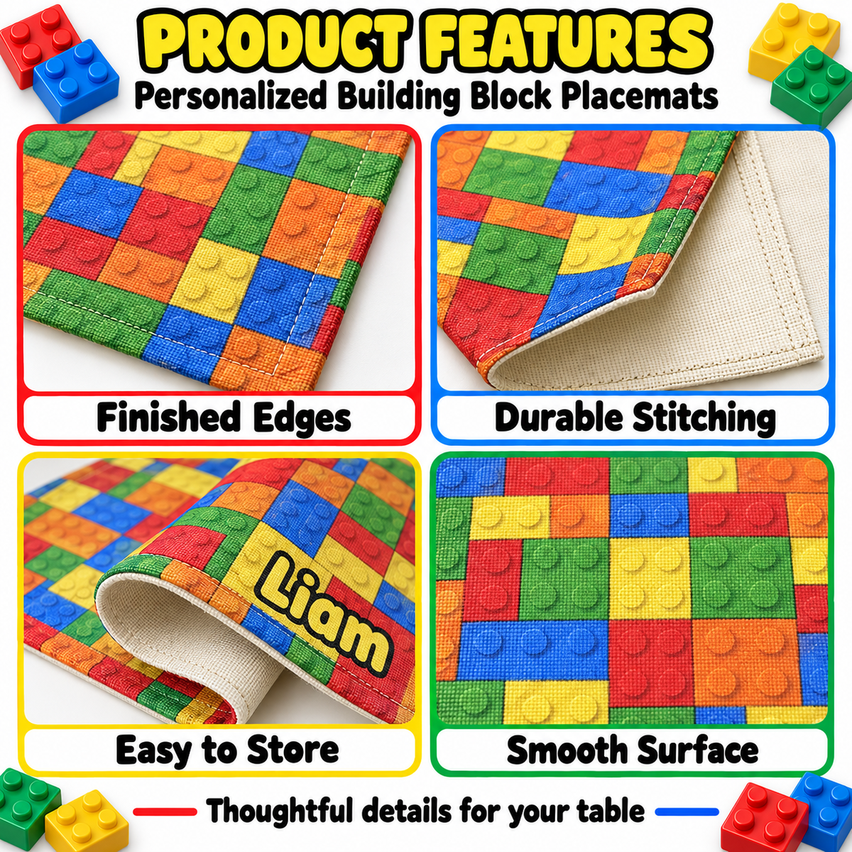 Personalized Building Block Placemats Set of 4, Up to 4 Different Names, Colorful Kids Table Mats, 18 x 12 Inch