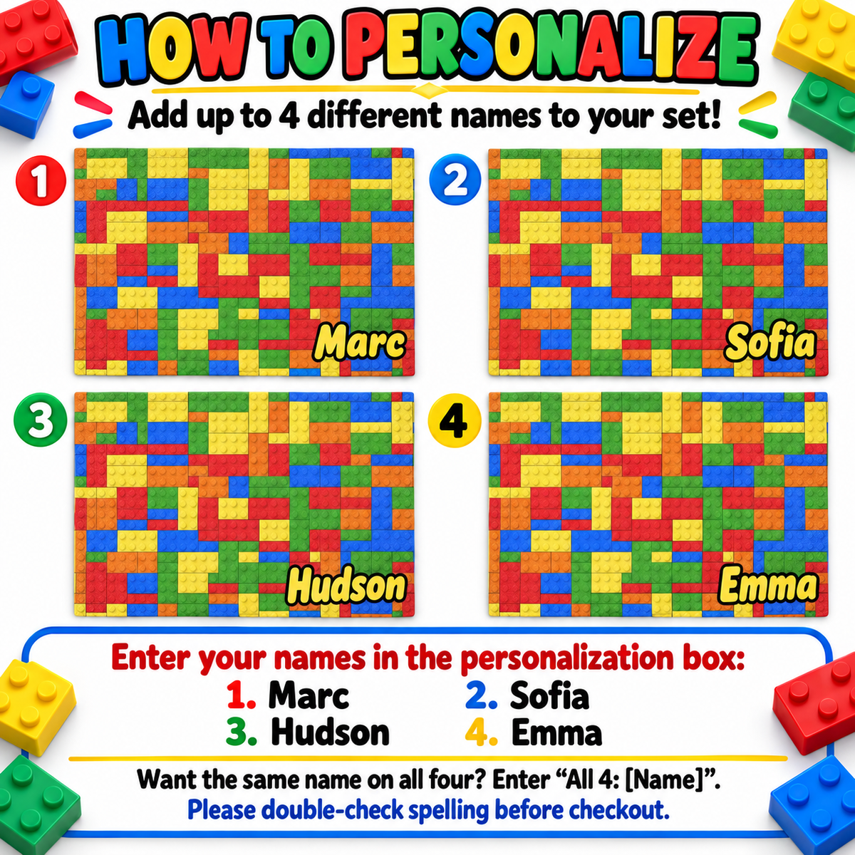 Personalized Building Block Placemats Set of 4, Up to 4 Different Names, Colorful Kids Table Mats, 18 x 12 Inch