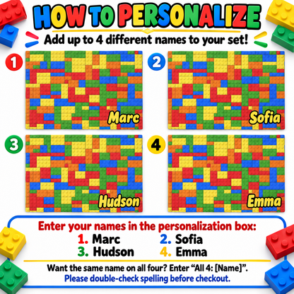 Personalized Building Block Placemats Set of 4, Up to 4 Different Names, Colorful Kids Table Mats, 18 x 12 Inch