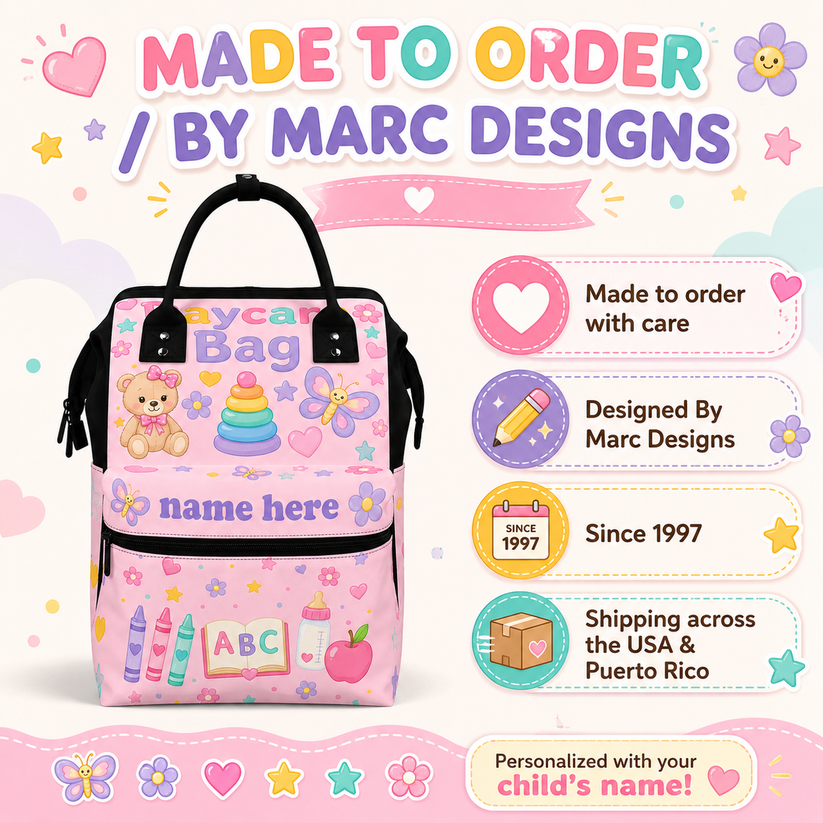 Personalized Daycare Bag for Girls | Cute Toddler Backpack with Name