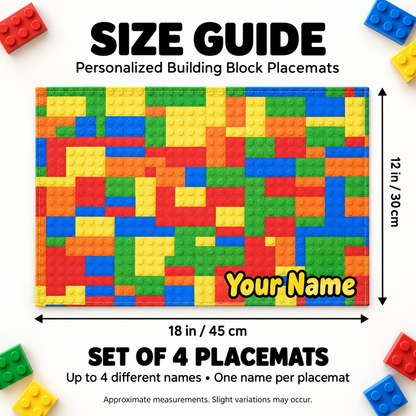 Personalized Building Block Placemats Set of 4, Up to 4 Different Names, Colorful Kids Table Mats, 18 x 12 Inch