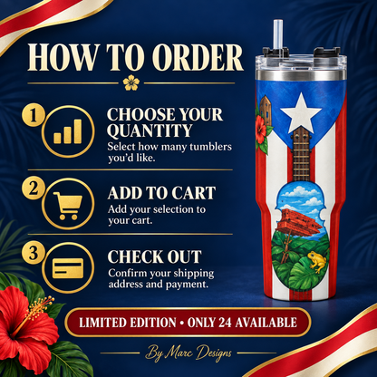Puerto Rico 40 oz Stainless Steel Tumbler, Cuatro & Coquí Design, Insulated Cup with Handle