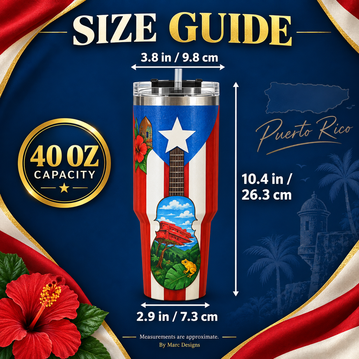 Puerto Rico 40 oz Stainless Steel Tumbler, Cuatro & Coquí Design, Insulated Cup with Handle