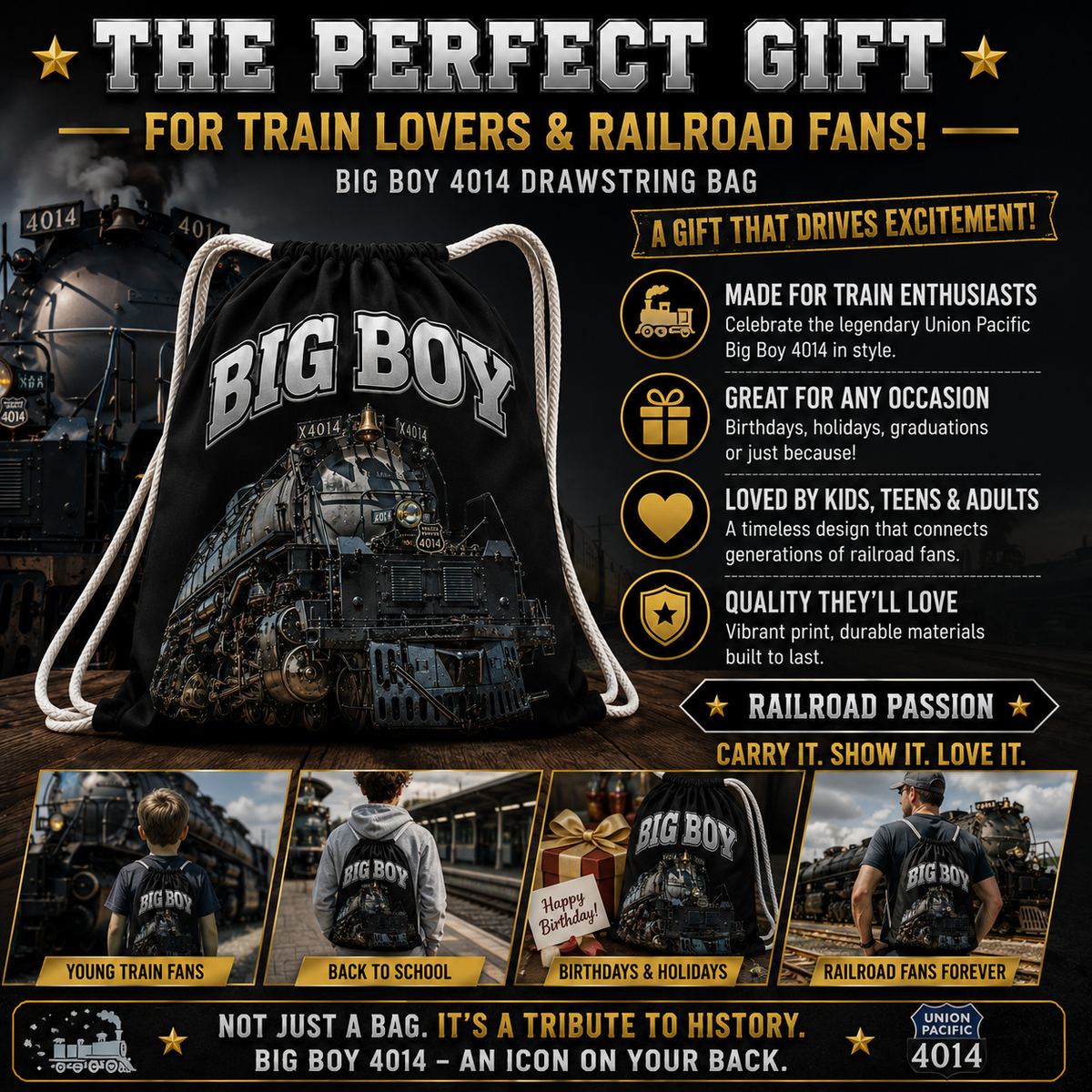 Big Boy 4014 Drawstring Bag | Train Gym Bag & Railroad Fan Gift