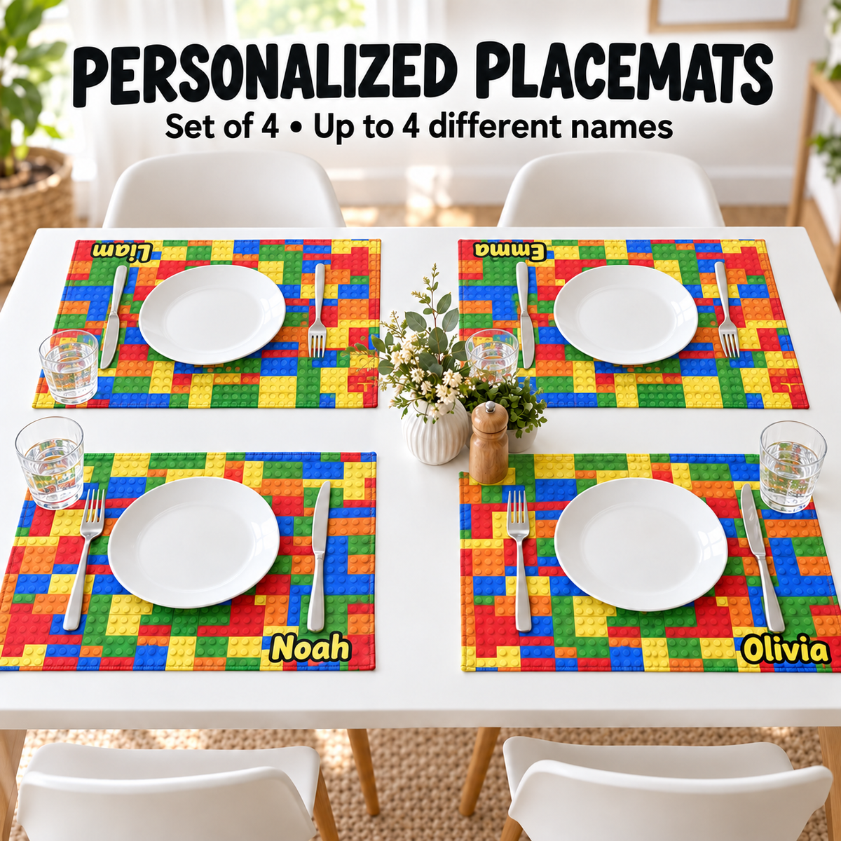 Personalized Building Block Placemats Set of 4, Up to 4 Different Names, Colorful Kids Table Mats, 18 x 12 Inch