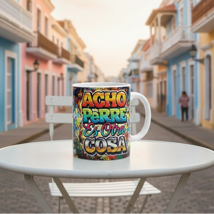 Colorful mug with text on a table in a colorful street setting