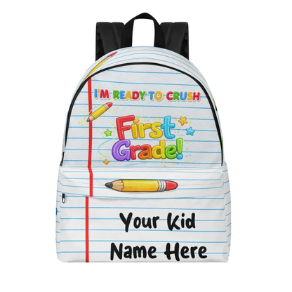 Backpack with 'I'm Ready to Crush First Grade!' text and colorful design on a white background