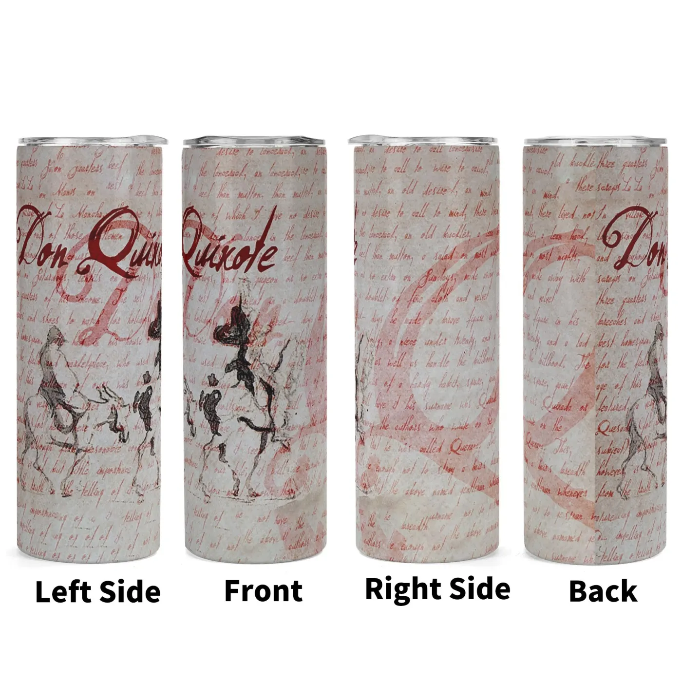 Vaso delgado Don Quijote de 20 oz - Diseño clásico literario de acero inoxidable