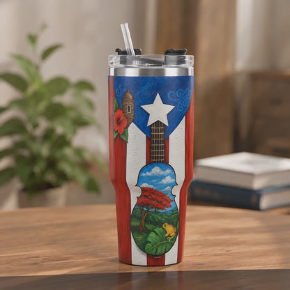 Puerto Rico 40 oz Stainless Steel Tumbler, Cuatro & Coquí Design, Insulated Cup with Handle